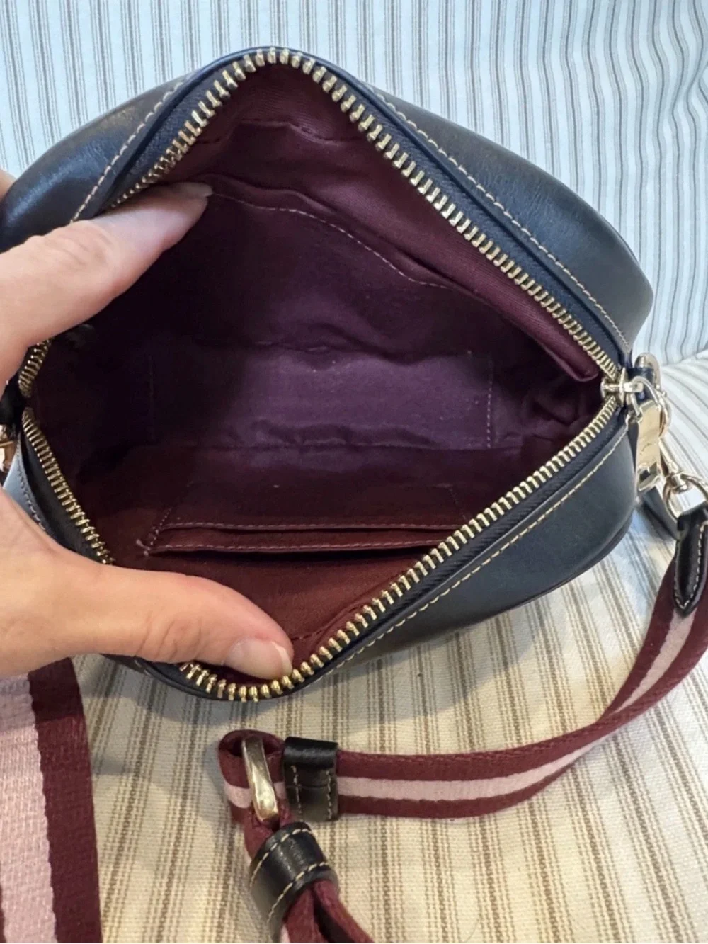 Coach Brown Leather Crossbody Camera Bag with Burgundy Stripe Strap NWOT